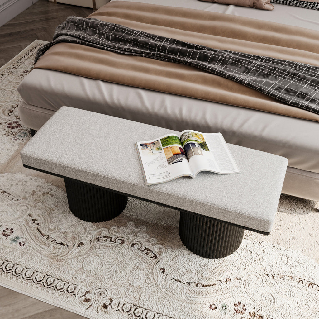 Upholstered Bench with Black Chunky Legs Light Grey Boucle Fabric Contemporary Style Bed-end Bench for Bedroom Living Room - Grand Goldman Shop