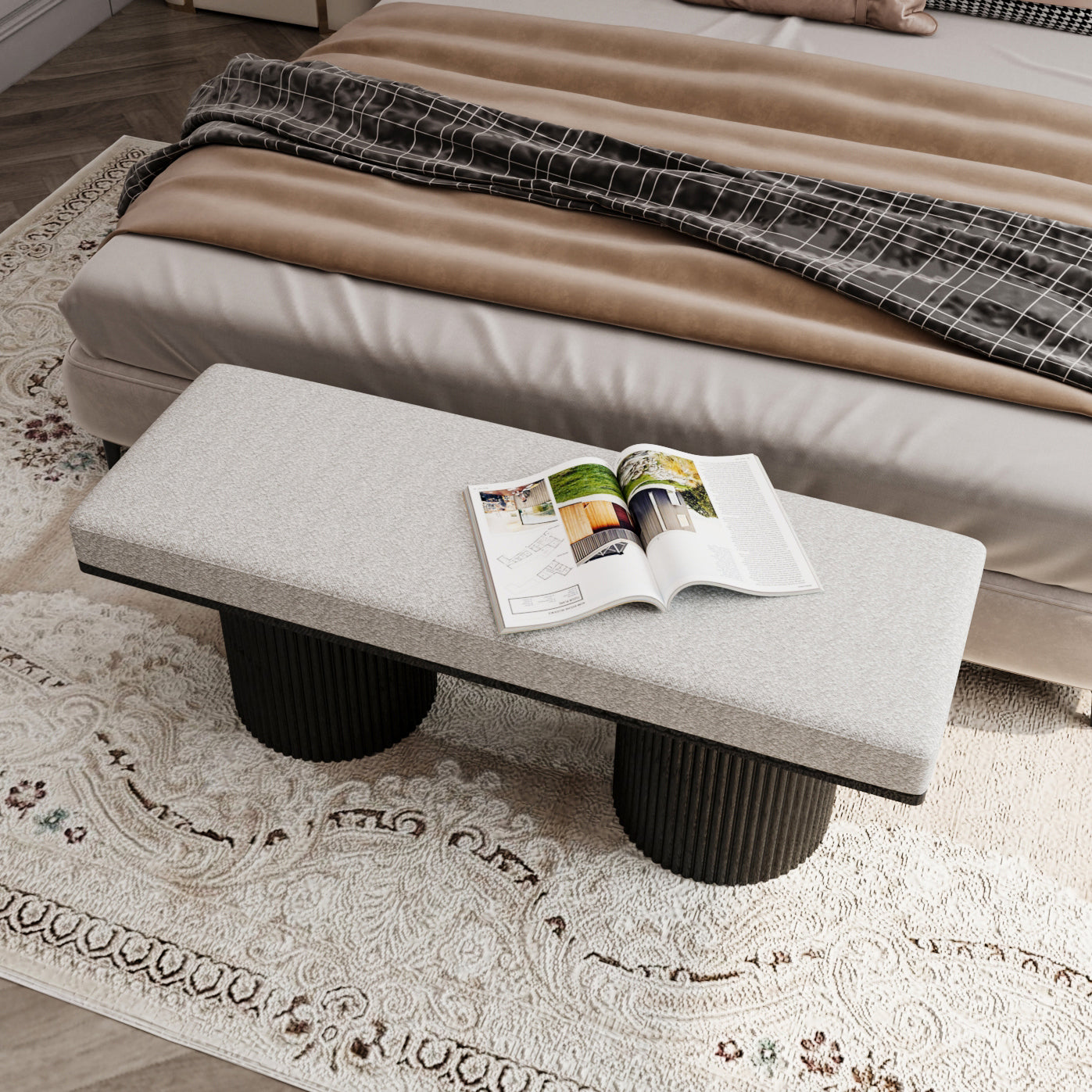 Upholstered Bench with Black Chunky Legs Light Grey Boucle Fabric Contemporary Style Bed-end Bench for Bedroom Living Room - Grand Goldman Shop