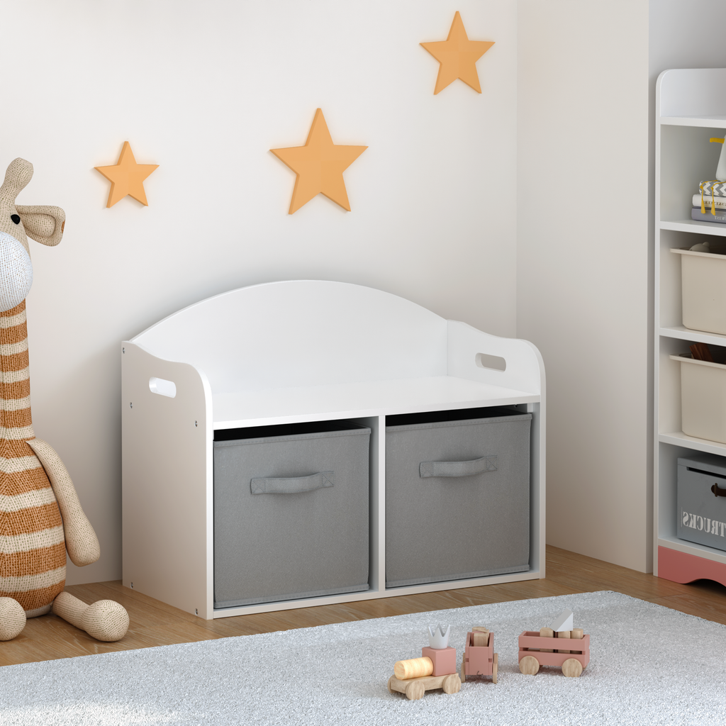 Kids Wooden Toy Box Bench with Collapsible Fabric Drawers, White MDF Storage Cabinet Organizer, 24.6 x 11.8 x 19.1 inches | P