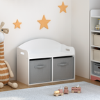 Kids Wooden Toy Box Bench with Collapsible Fabric Drawers, White MDF Storage Cabinet Organizer, 24.6 x 11.8 x 19.1 inches | P