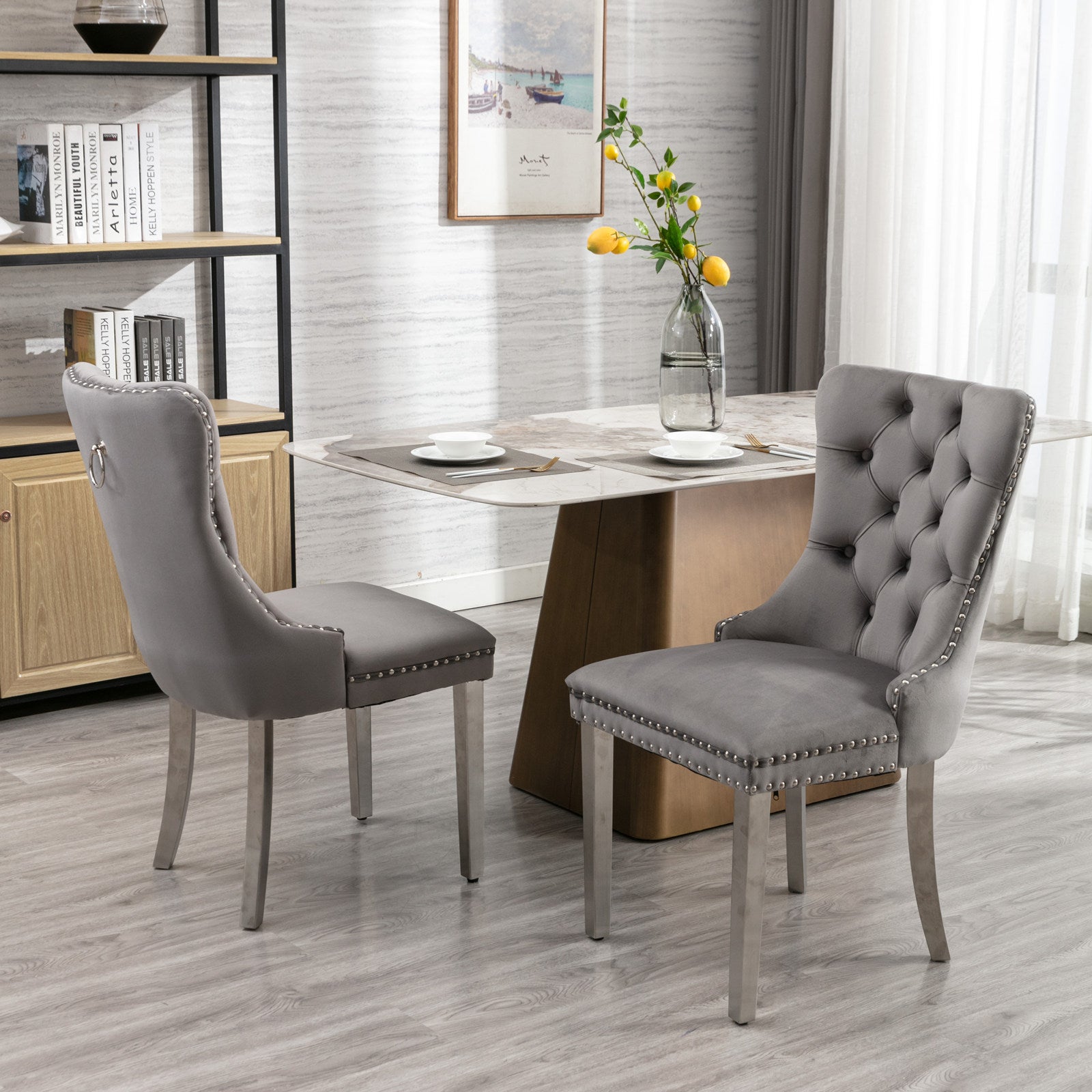 A&A Furniture,Nikki Collection Modern, High-end Tufted Solid Wood Contemporary Velvet Upholstered Dining Chair with Chrome Stainless Steel Plating Legs,Nailhead Trim,Set of 2,Gray and Chrome, SW1701GY - Grand Goldman Shop