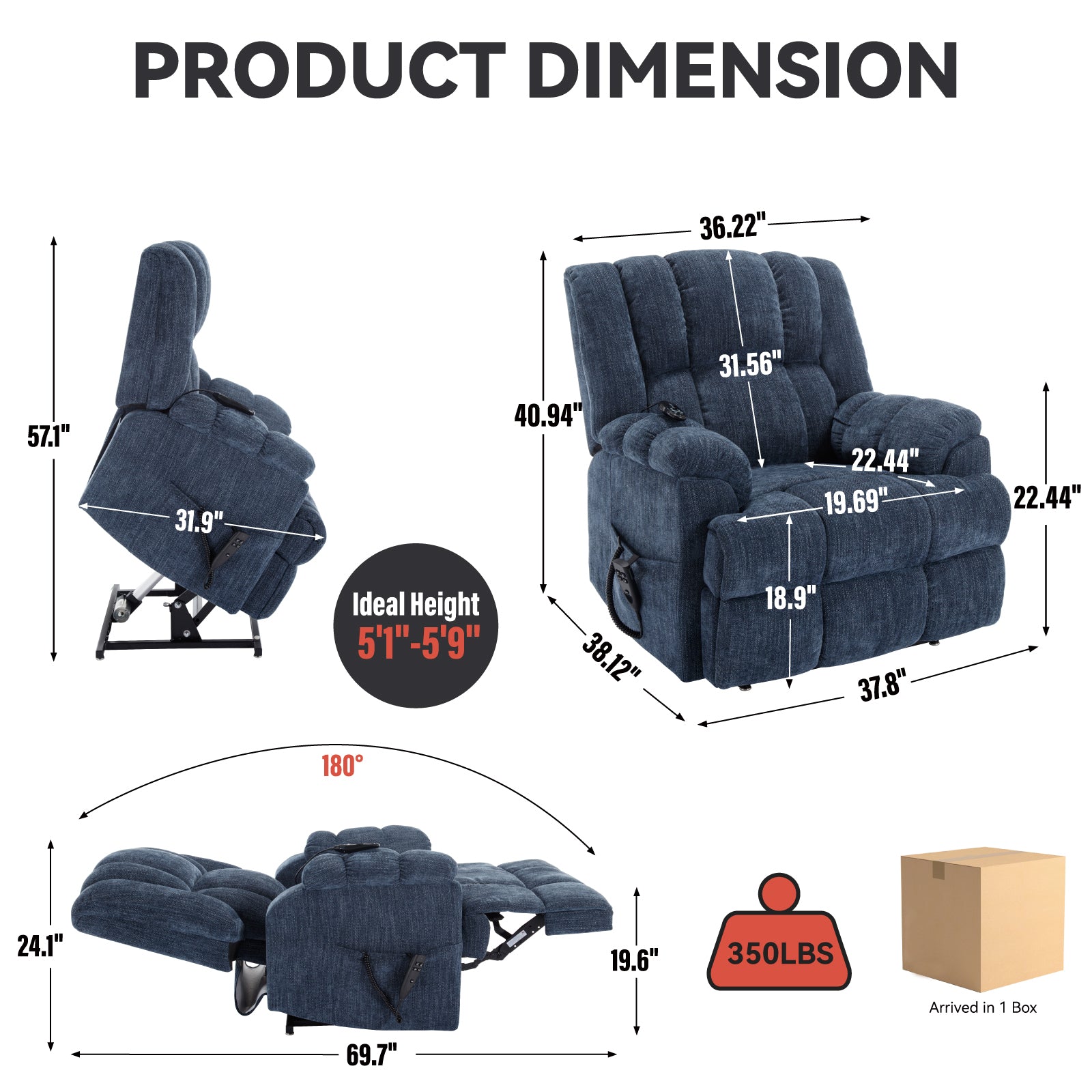 Dual Motor Heat Massage Infinite Position Up to 350 LBS Electric Power Lift Recliners with Power-Remote, Medium-firm and Heavy Duty, Blue - Grand Goldman Shop