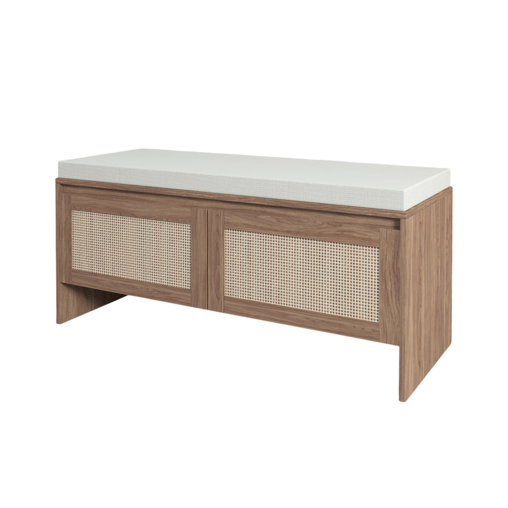 Mid-Century Modern PP Rattan Storage Bench with Cushion, Faux Rattan Shoe Cabinet with 2 Doors, Natural Finish, Wood and Rattan Construction, 39.4 x 15.75 x 17.72 inches - Grand Goldman Shop