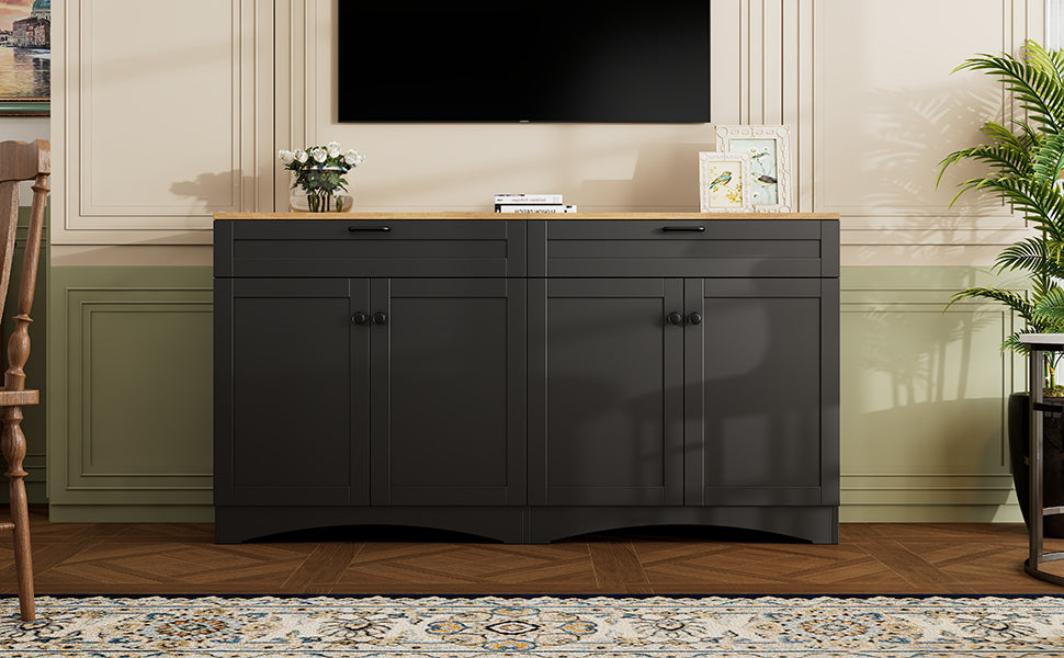 ON-TREND Farmhouse TV Stand with 2 Drawers for TVs Up to 70', Versatile Wood Grain Sideboard with Adjustable Shelves, Mid-Century Buffet Cabinet with Rustic Handles for Living Room/Bedroom, Black - Grand Goldman Shop