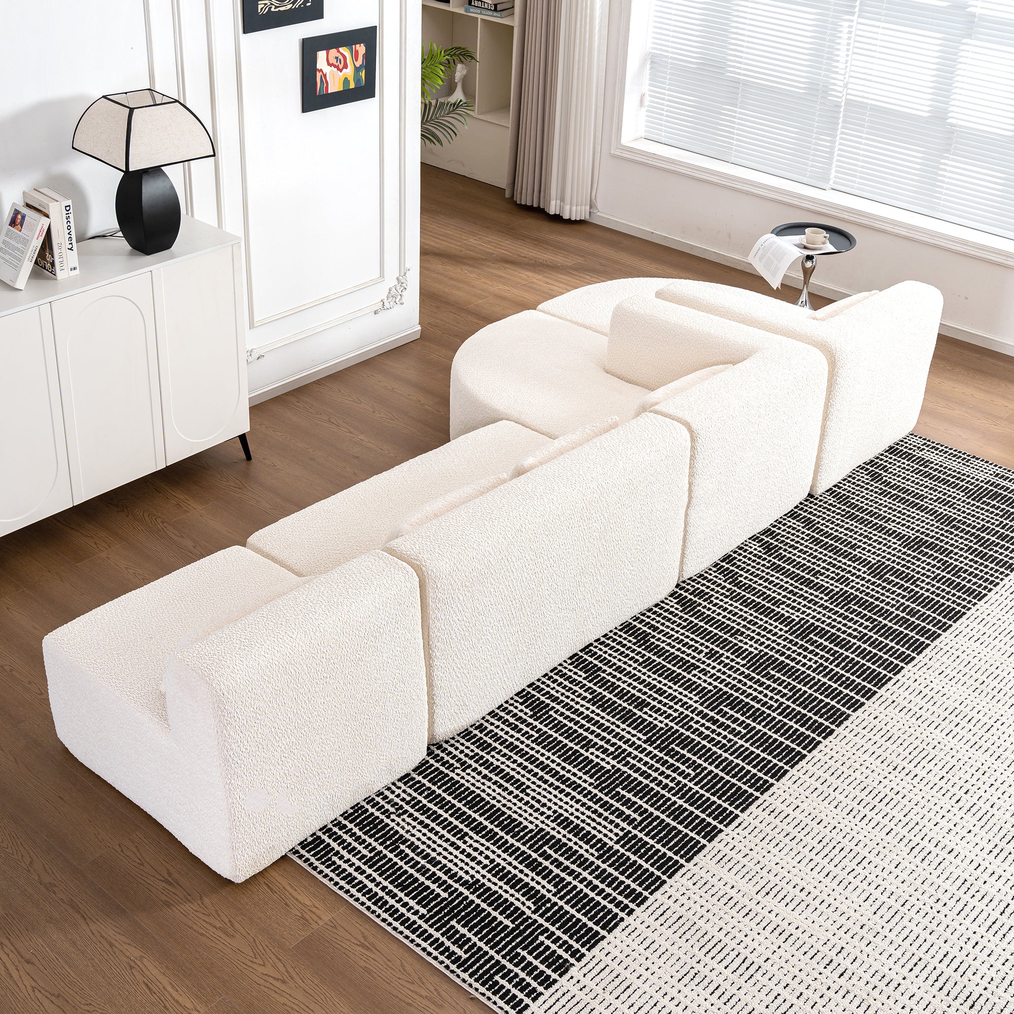 Modern Upholstered L-Shape Sofa with Chaise Lounge and Back Pillows, Beige Boucle Fabric, 144 inches - Grand Goldman Shop