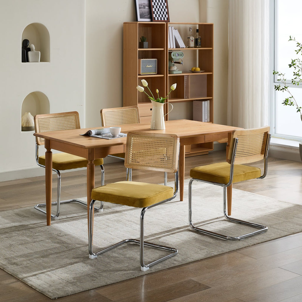 Mid Century Modern Dining Chairs Set of 2, Velvet Accent Chairs with Natural Cane Back & Stainless Chrome Base, Famous Breuer Designed Chairs, Upholstered Rattan Kitchen Chairs,Golden - Grand Goldman Shop