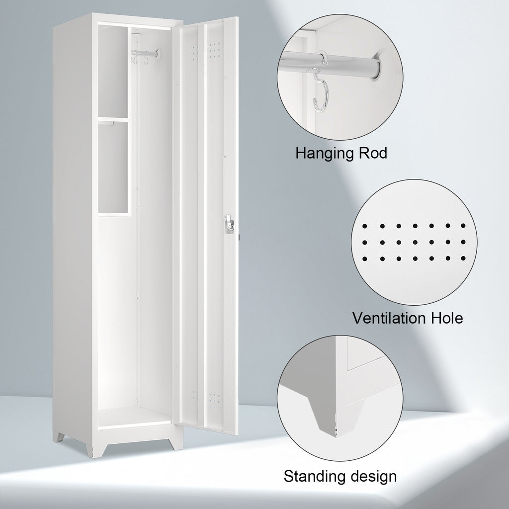 Metal Broom Storage Cabinet, 65' Narrow Broom Cabinet With Hooks, Slim Bathroom Storage Cabinet With Shelves, Heavy-Duty Clea