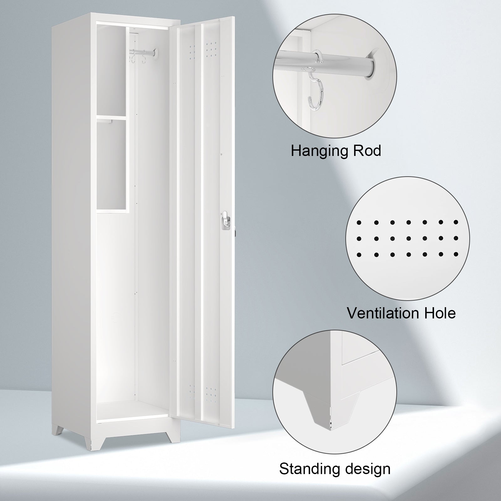 Metal Broom Storage Cabinet, 65' Narrow Broom Cabinet With Hooks, Slim Bathroom Storage Cabinet With Shelves, Heavy-Duty Clea