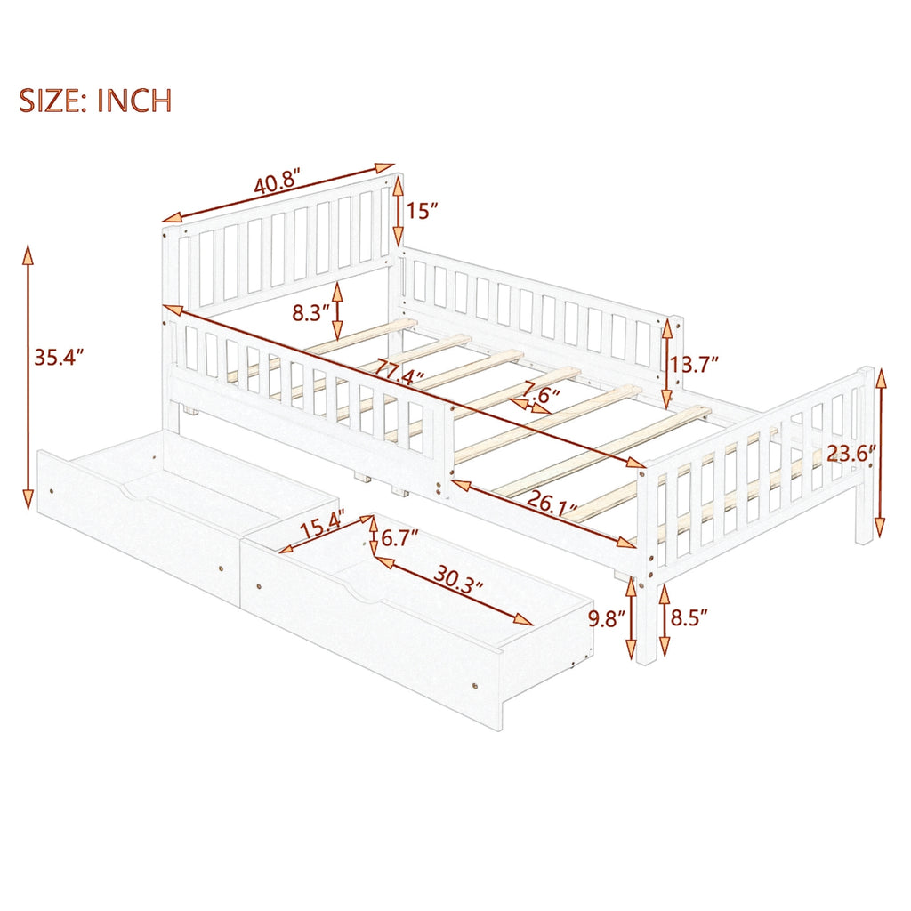 Twin Size Wood Platform Bed with Guardrails on Both Sides and Two Storage Drawers, Gray - Grand Goldman Shop