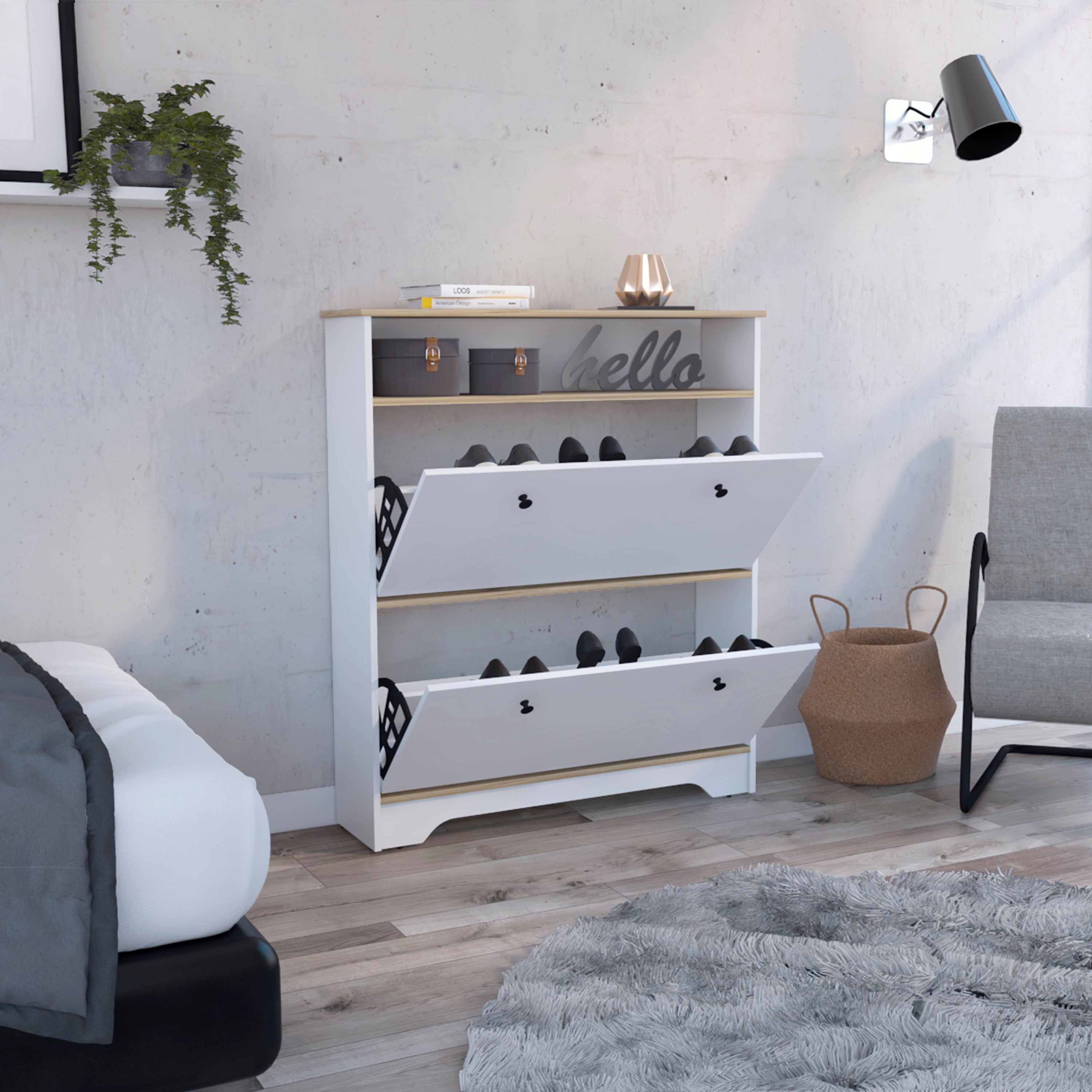Shoe Rack Dublin, One Open Shelf, Two Extendable Cabinets, Light Oak / White Finish - Grand Goldman Shop