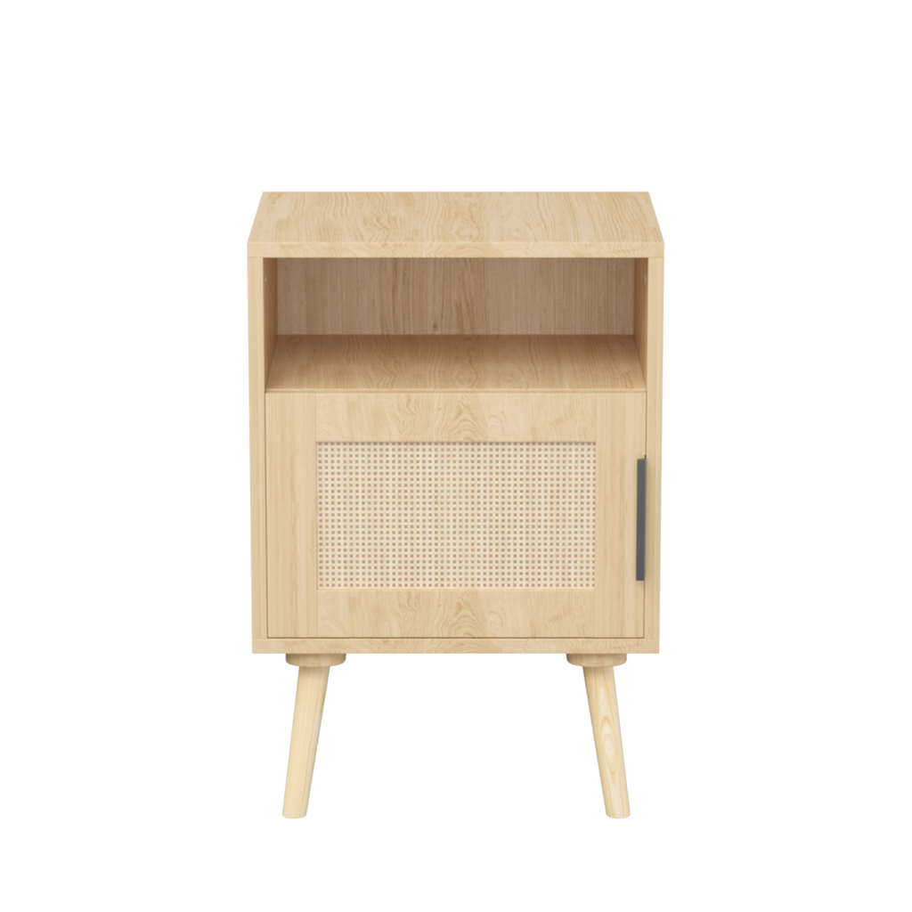 Oak Finish Rattan Nightstand with Solid Wood Legs, 22.83'' H Side Table with Door and Open Shelf for Bedroom, Dorm, and Small Spaces - Grand Goldman Shop
