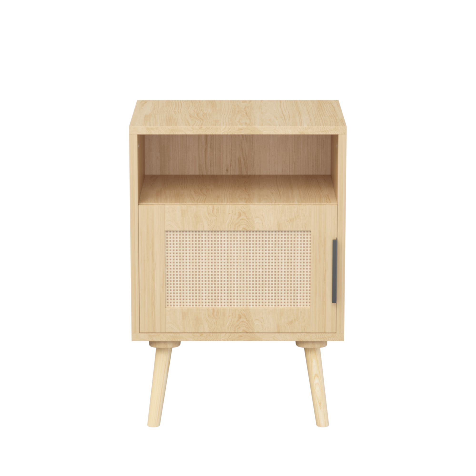 Oak Finish Rattan Nightstand with Solid Wood Legs, 22.83'' H Side Table with Door and Open Shelf for Bedroom, Dorm, and Small Spaces - Grand Goldman Shop