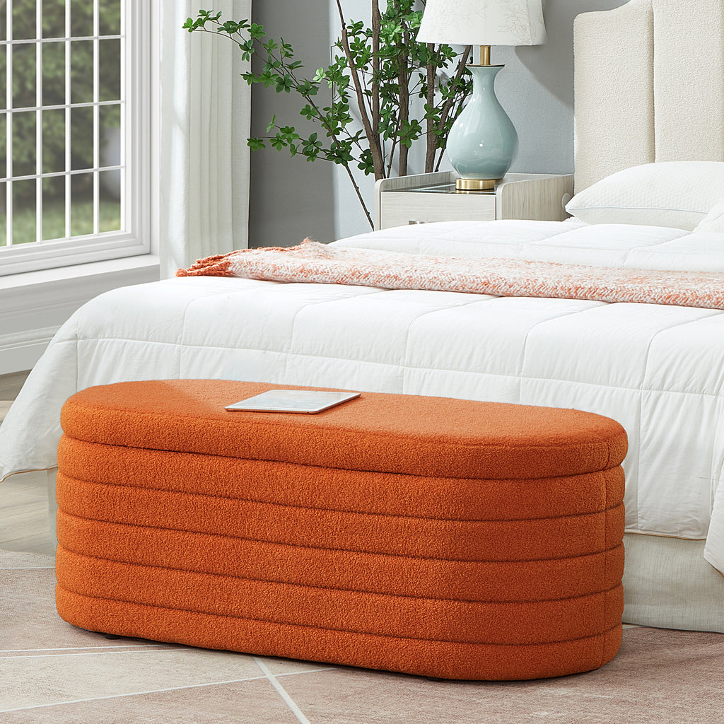 Modern Oval Storage Ottoman Bench, Upholstered Boucle Teddy Fabric End of Bed Bench with Storage, End of Bed Stool with Safety Hinge for Bedroom, Living Room, Entryway, Orange - Grand Goldman Shop