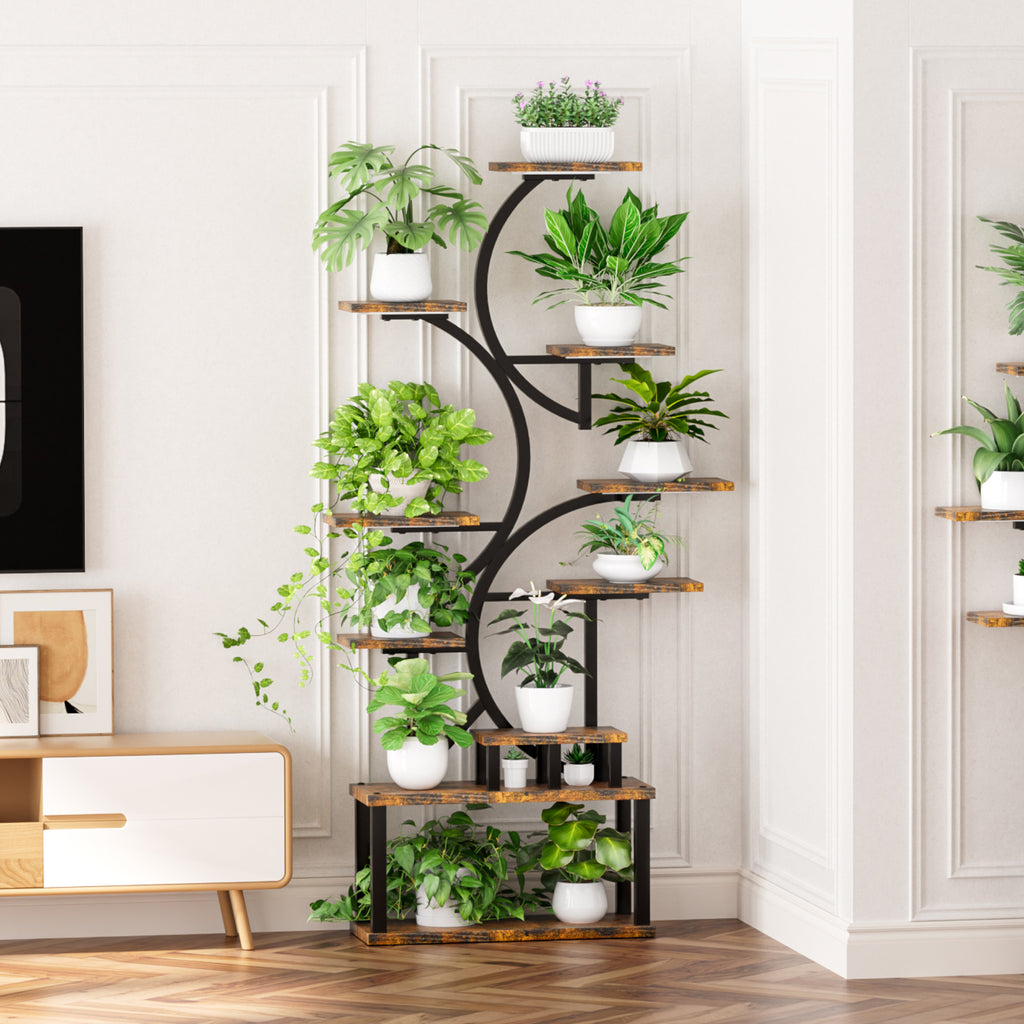 S-Shaped 10-Tier Plant Stand with 5 Grow Lights in Deep Rustic Brown, MDF and Steel, 68.5' Tall for Indoor Plants - Grand Goldman Shop