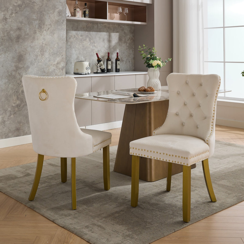 A&A Furniture, Nikki Collection Modern, High-end Tufted Solid Wood Contemporary Velvet Upholstered Dining Chair with golden Wood Legs Nailhead Trim 2-Pcs Set, Milky White,SW1401MW - Grand Goldman Shop