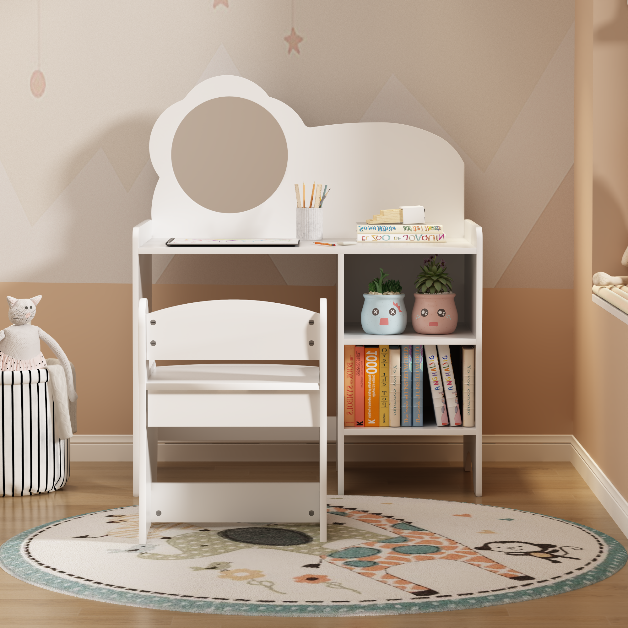 Kids Vanity Table with Mirror and Chair, Wooden Children's Dressing Makeup Desk with Storage Shelves, Study and Activity Tabl