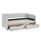 Linen Beige Twin Size Upholstered Daybed with Trundle and Storage Drawers, Flat Arms with Pocket, Extendable for Bedroom or Living Room - Grand Goldman Shop