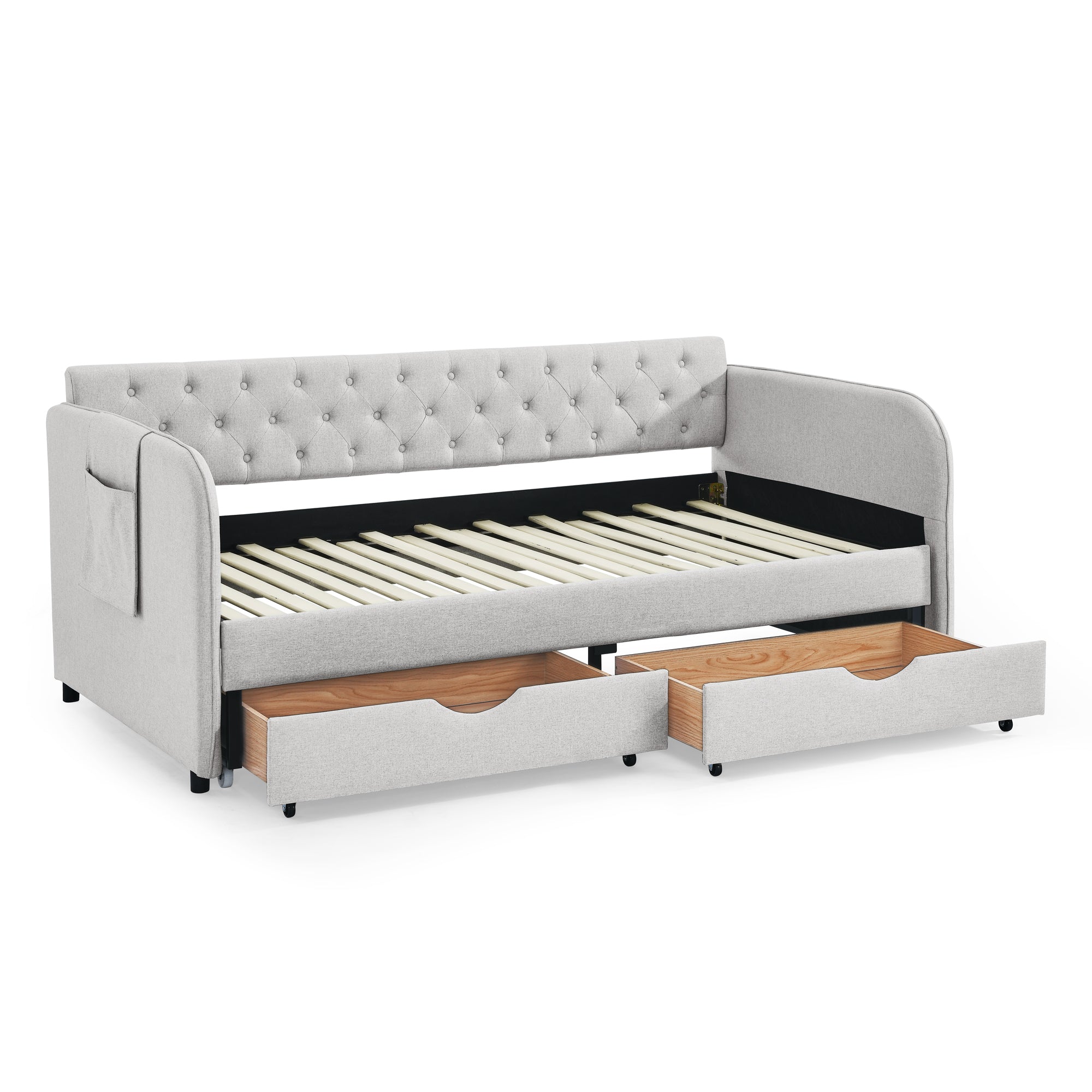 Linen Beige Twin Size Upholstered Daybed with Trundle and Storage Drawers, Flat Arms with Pocket, Extendable for Bedroom or Living Room - Grand Goldman Shop
