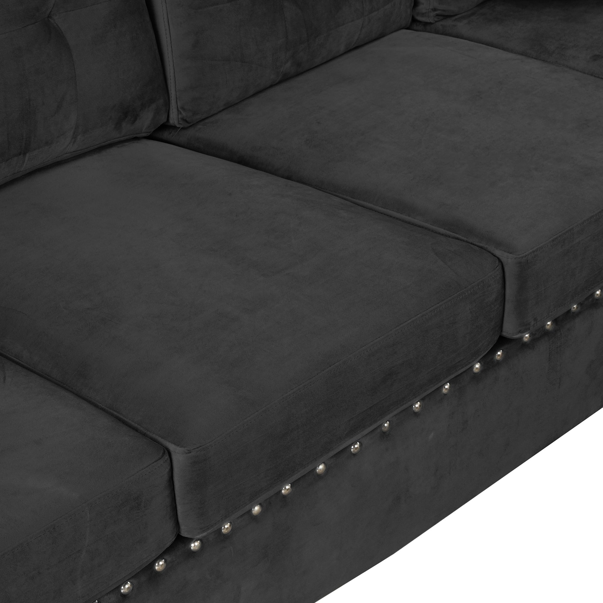 Modern Sectional Sofa with Storage Ottoman, L-Shape Couch with 2 Pillows and Cup Holders, Black Velvet, 105' - Grand Goldman Shop