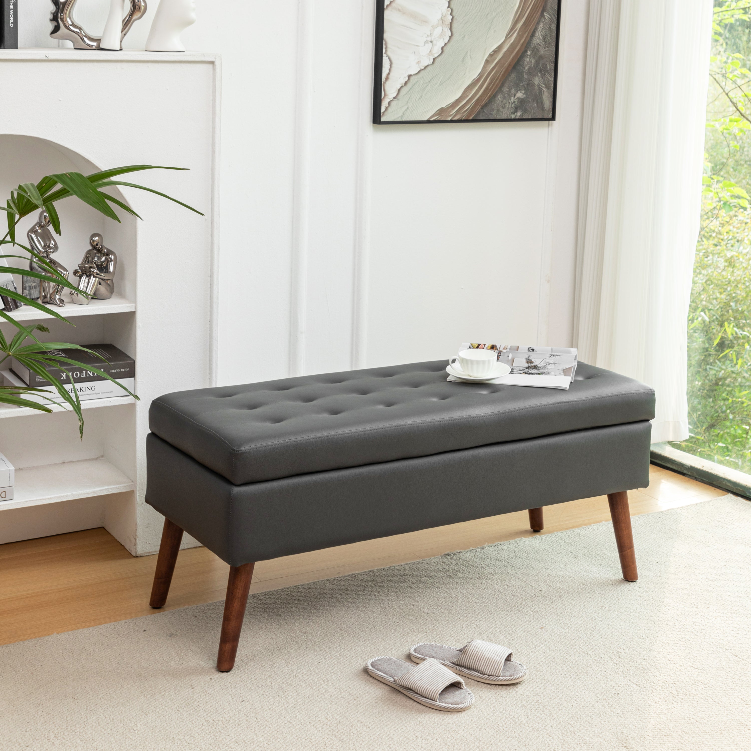 Storage Bench with Storage Bench for Bedroom End of Bed Bench Foot of Bed Bench Entryway Bench Storage Ottoman Bench 43.3' W x 17.7' Dark Grey Leather Bench - Grand Goldman Shop