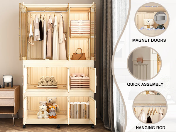 Portable Wardrobe Closet Storage Organizer with 9 Magnetic Doors, Cream White, - Grand Goldman Shop
