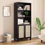 Tall Bookcase with Rattan Doors,5 Tier Storage Wood Shelves Large Bookshelf for Library Living Room Bedroom Home Office,Walnu