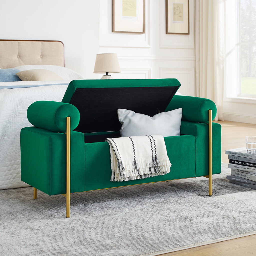 Elegant Upholstered Velvet Storage Bench with Cylindrical Arms and Iron Legs, Green - Grand Goldman Shop
