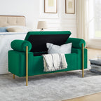 Elegant Upholstered Velvet Storage Bench with Cylindrical Arms and Iron Legs, Green - Grand Goldman Shop