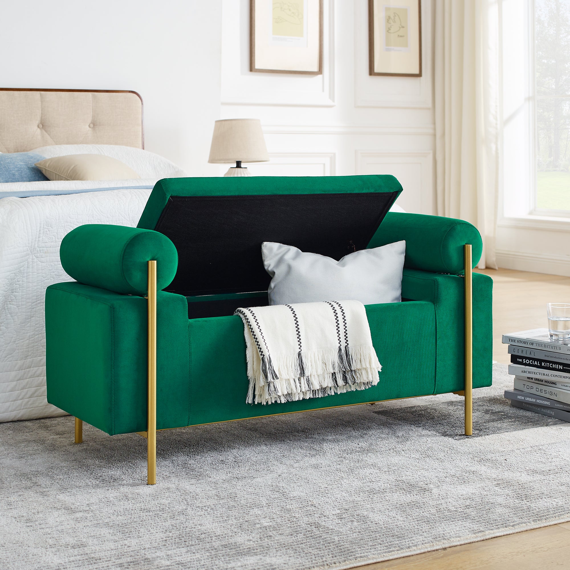 Elegant Upholstered Velvet Storage Bench with Cylindrical Arms and Iron Legs, Green - Grand Goldman Shop
