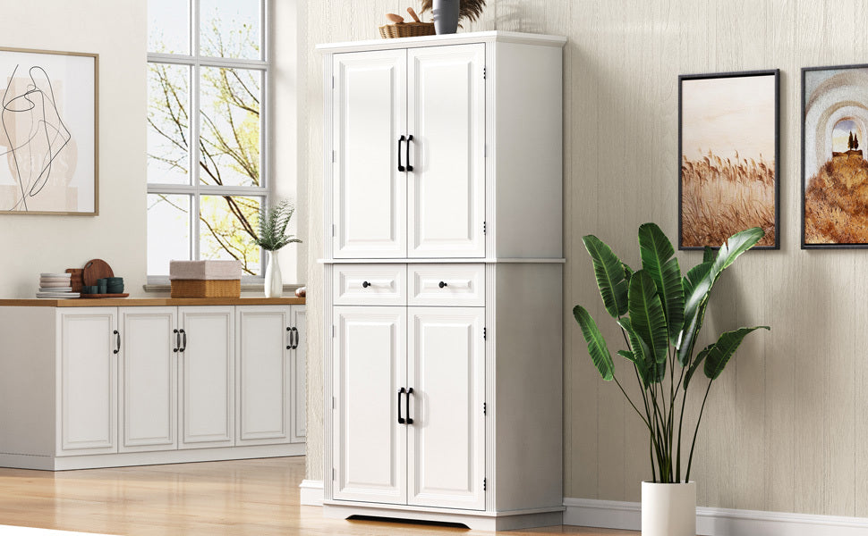K&K 71' Tall Kitchen Pantry Cabinet with 3 Pull Out Cabinet Organizers, Farmhouse Embossed Texture Storage Cabinet with 6 Door Shelves, 2 Drawers, Freestanding Cupboard for Kitchen, Dining Room White - Grand Goldman Shop