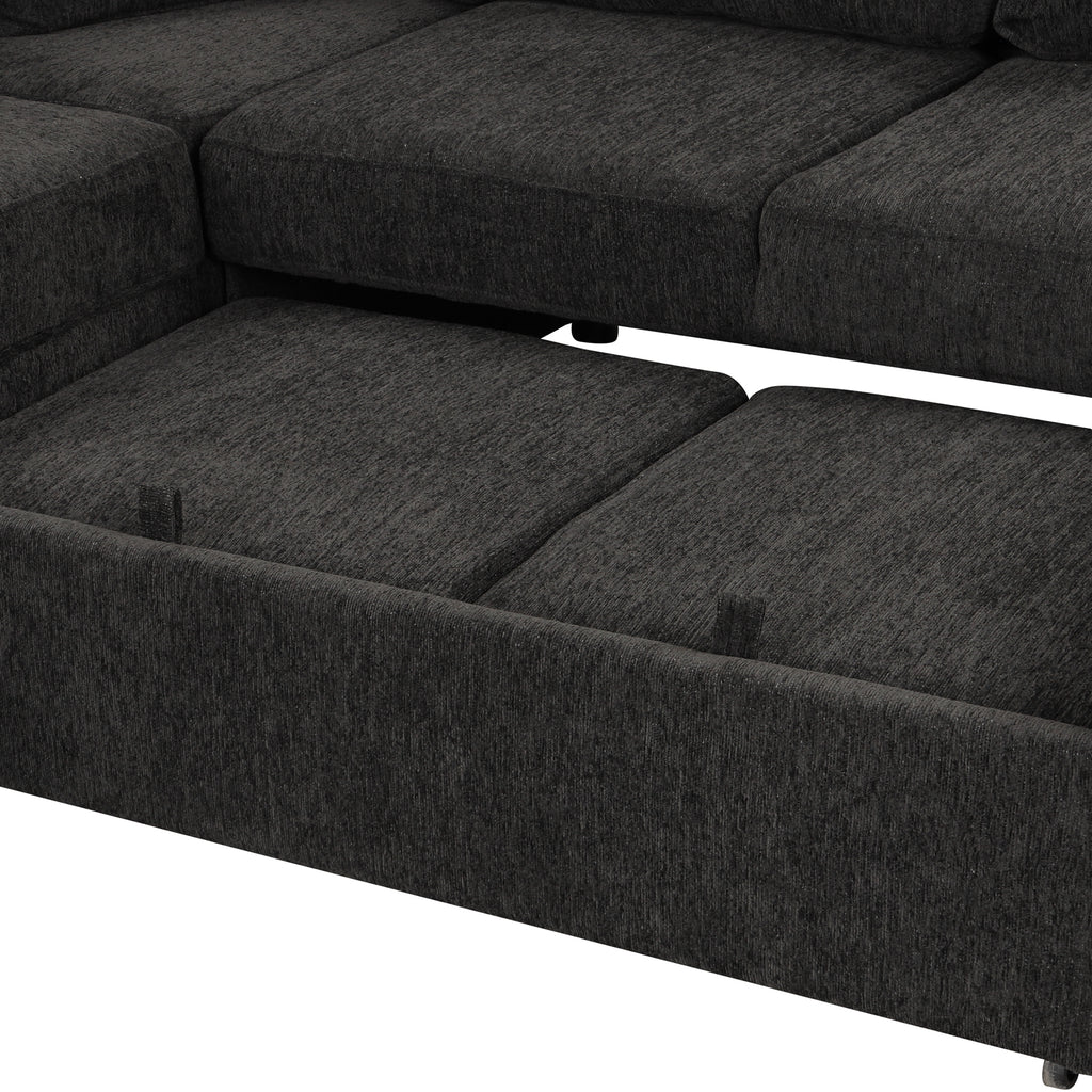 U-shaped Sectional Sofa Pull Out Bed with USB Ports, Power Sockets, Back Pillows & Storage Chaise, Black Chenille, 108.6' - Grand Goldman Shop
