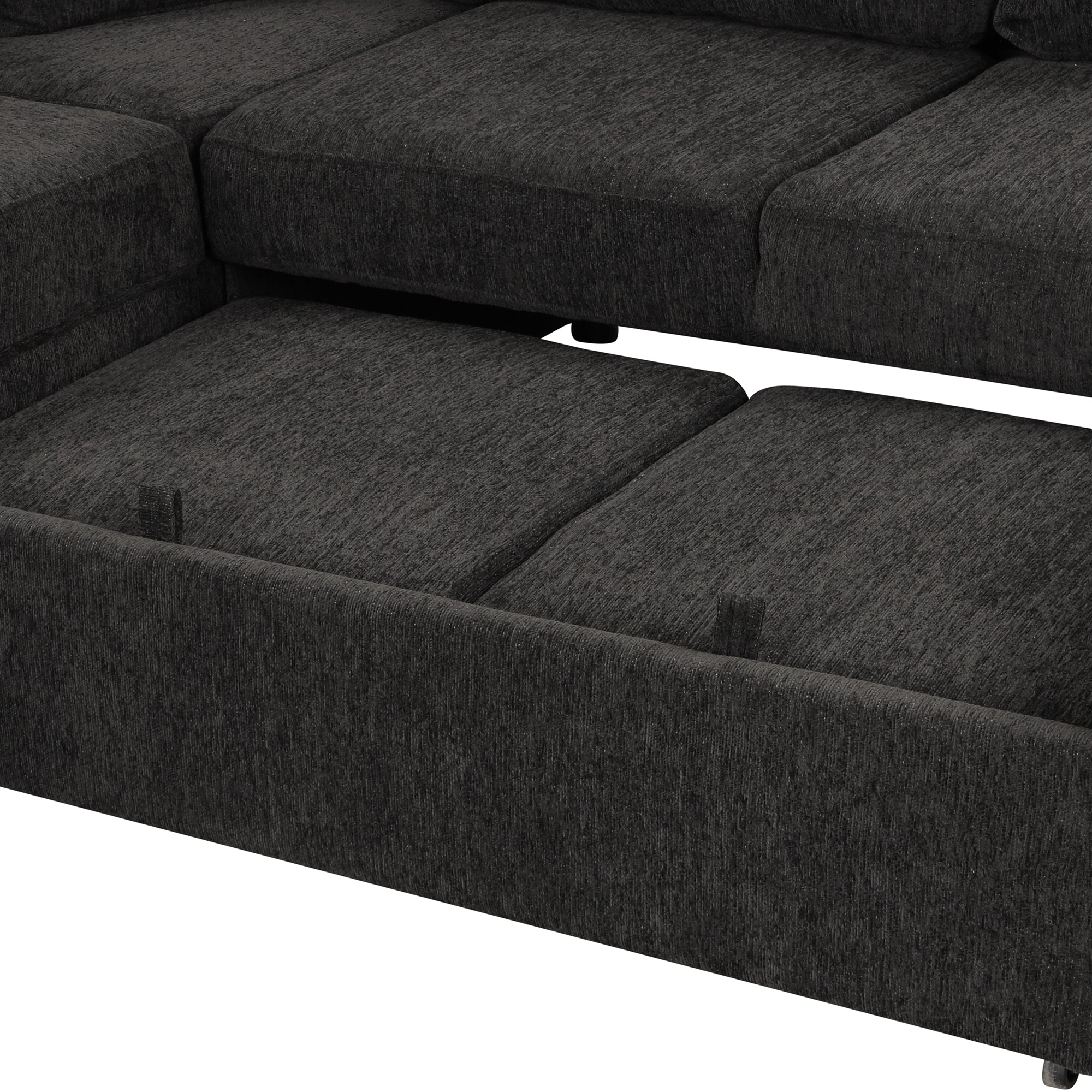 U-shaped Sectional Sofa Pull Out Bed with USB Ports, Power Sockets, Back Pillows & Storage Chaise, Black Chenille, 108.6' - Grand Goldman Shop