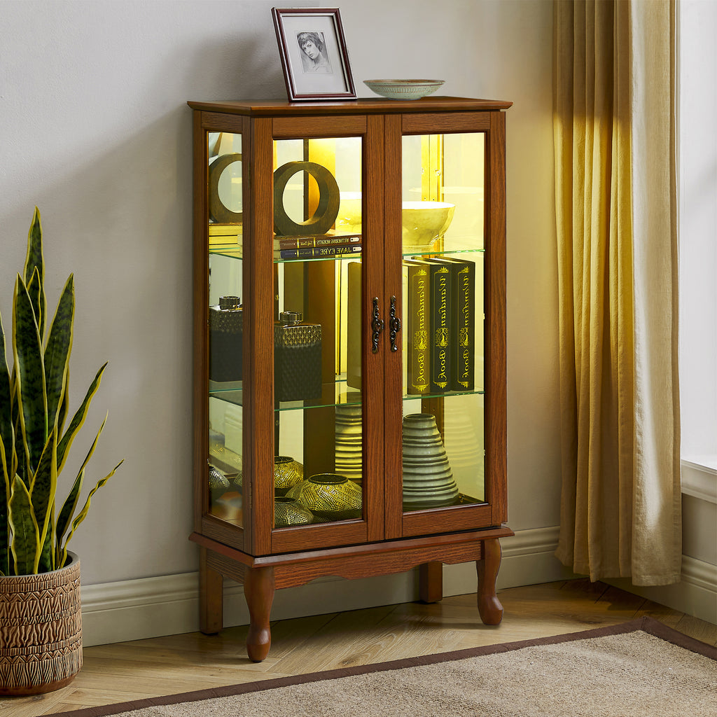 Lighted Curio Cabinet with Adjustable Shelves, Mirrored Back Panel, and Tempered Glass Doors, 3-Tier Oak Finish - Grand Goldman Shop