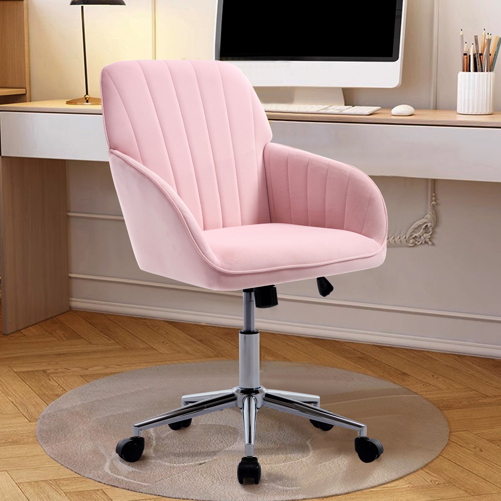 TY Ergonomic Office Chair, Baby Pink Velvet Adjustable Swivel Chair with Lumbar Support for Home or Bedroom Use - Grand Goldm