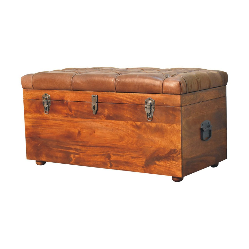 Solid Wood Buffalo Leather Upholstered Hide Chestnut Storage Trunk, Tan & Brown - Grand Goldman Shop
