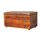 Solid Wood Buffalo Leather Upholstered Hide Chestnut Storage Trunk, Tan & Brown - Grand Goldman Shop