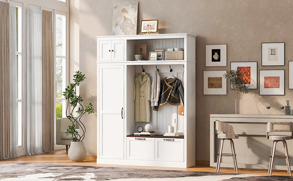 3-in-1 Hall Tree with Overhead Storage Cabinet, 3 Adjustable Side Shelves, 4 Heavy-Duty Hooks, 2 Spacious Drawers, Grooved Back Panel Design, Contrasting Seat Bench, Multifunctional Entryway Organizer - Grand Goldman Shop
