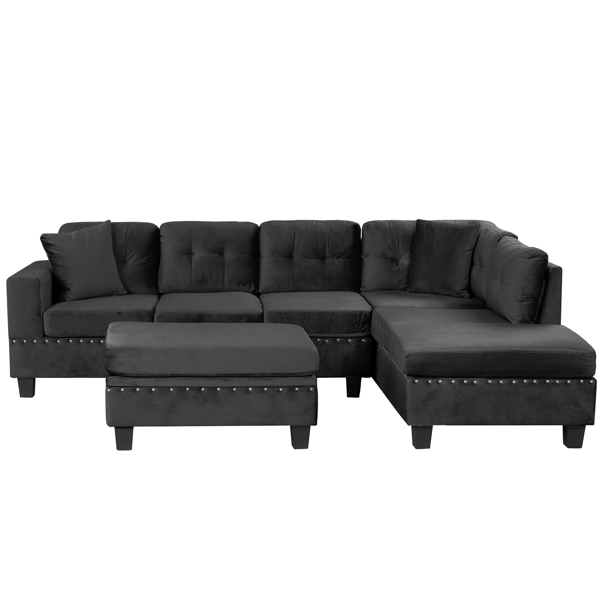 Modern Sectional Sofa with Storage Ottoman, L-Shape Couch with 2 Pillows and Cup Holders, Black Velvet, 105' - Grand Goldman Shop