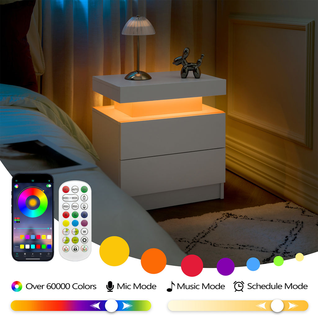 Modern LED Bedside Table Cabinet with Adjustable Lights and 2 Drawers, White, Engineered Wood, 19.30 x 13.70 x 20.50 inches - Grand Goldman Shop