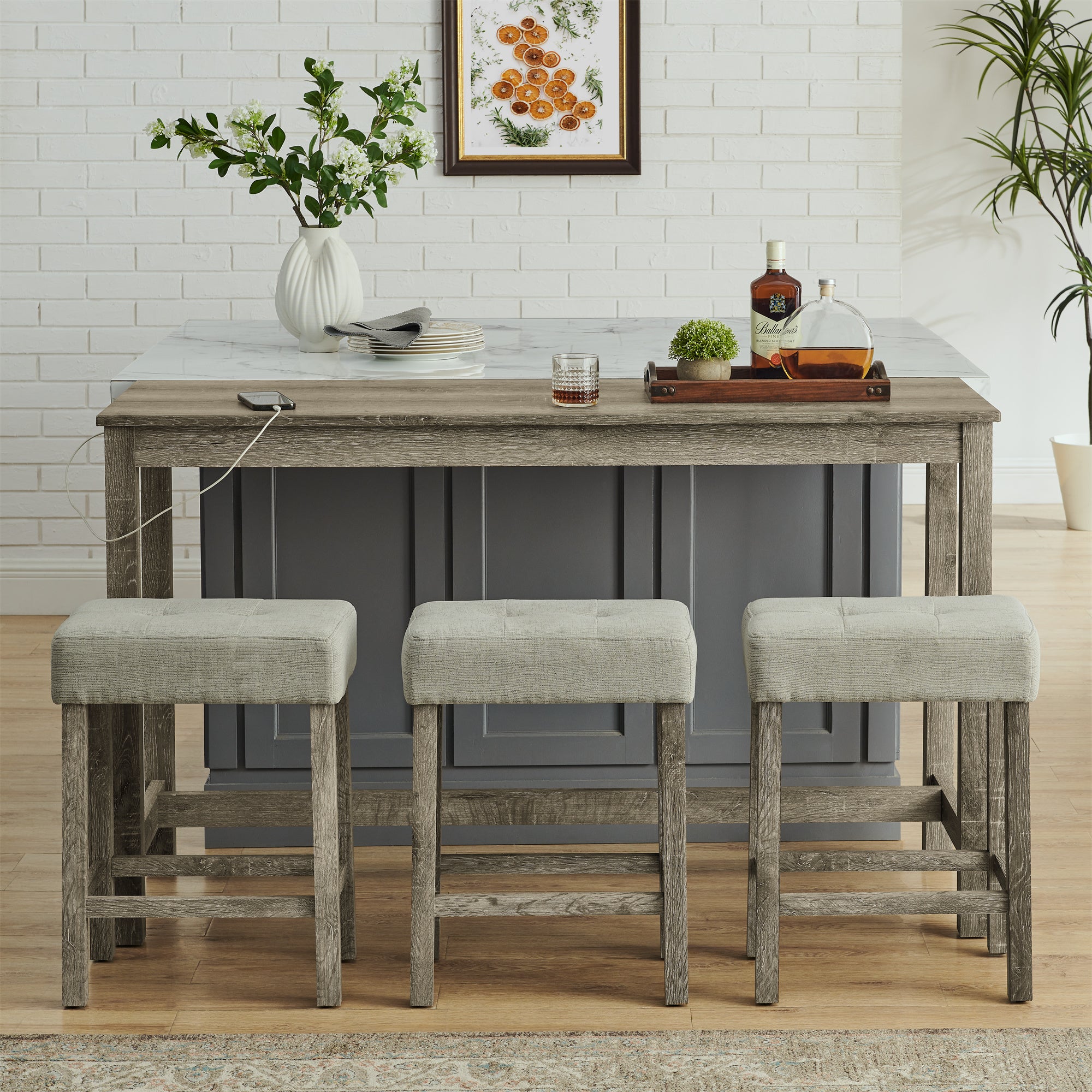 59 Inch Bar Table, Dining Table, Sofa Table with Power Outlet, 3 Upholstered Stools, 4 Piece Bar Table and Chair Set for Living Room, Dining Room, Kitchen - Grand Goldman Shop