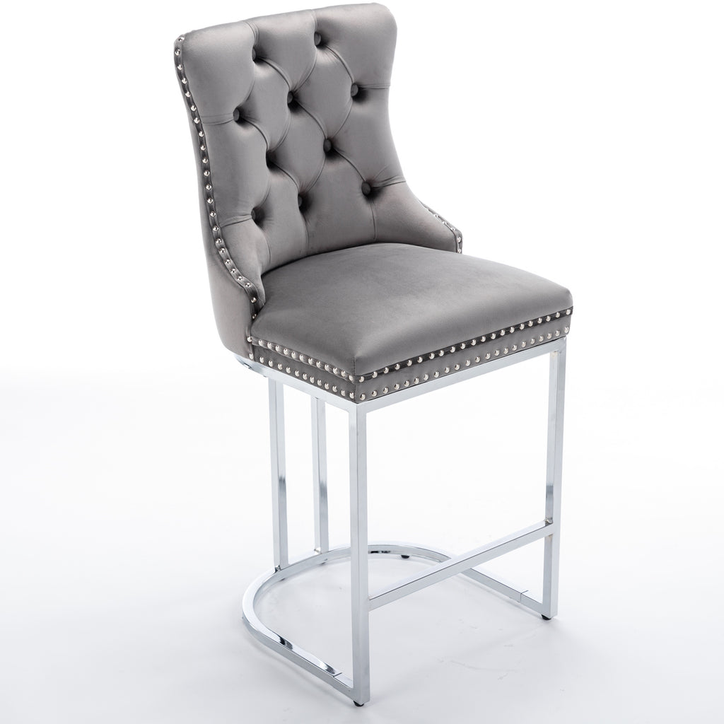 26' Counter Height Bar Stools Set of 2, Modern Velvet Barstools with Button Back&Rivet Trim Upholstered Kitchen Island Chairs with Sturdy Chromed Metal Base Legs Farmhouse Bar Stools, (Gray,2 Pack) - Grand Goldman Shop