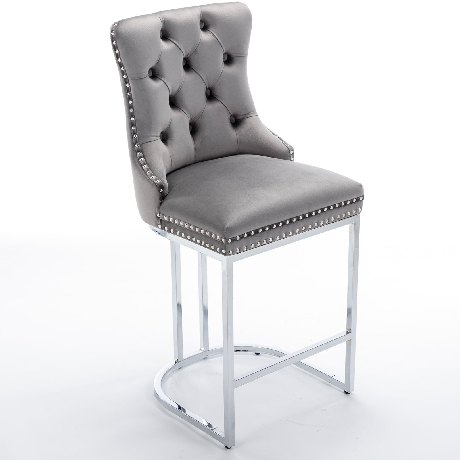 26' Counter Height Bar Stools Set of 2, Modern Velvet Barstools with Button Back&Rivet Trim Upholstered Kitchen Island Chairs with Sturdy Chromed Metal Base Legs Farmhouse Bar Stools, (Gray,2 Pack) - Grand Goldman Shop