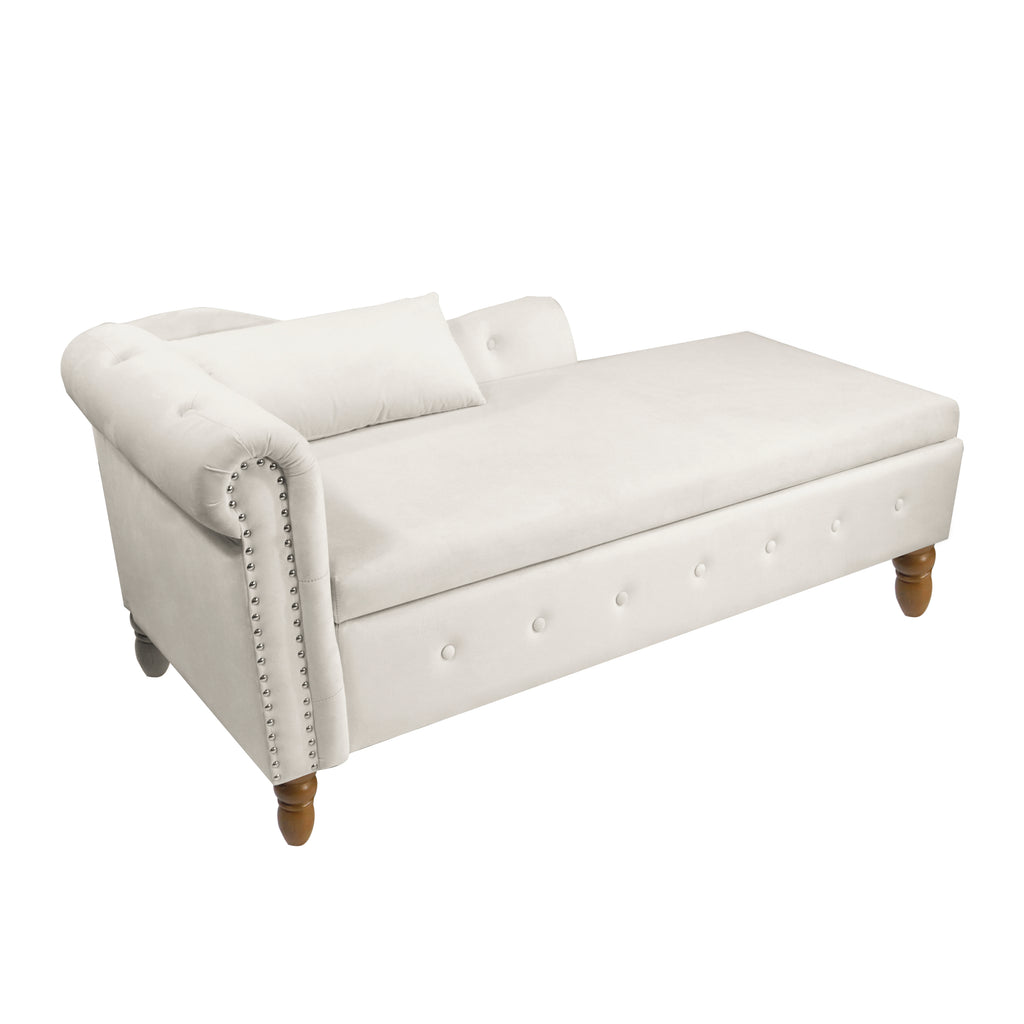 Beige Chaise Lounge Indoor, Velvet Lounge Chair for Bedroom with Storage & Pillow, Modern Upholstered Rolled Arm Chase Lounge for Sleeping with Nailhead Trim for Living Room Bedroom Office - Grand Goldman Shop