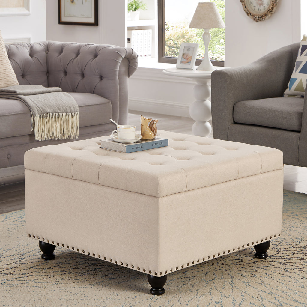 Large square storage ottoman with wooden legs, Upholstered button tufted coffee table with nail trims for Living Space,Beige - Grand Goldman Shop