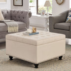 Large square storage ottoman with wooden legs, Upholstered button tufted coffee table with nail trims for Living Space,Beige - Grand Goldman Shop