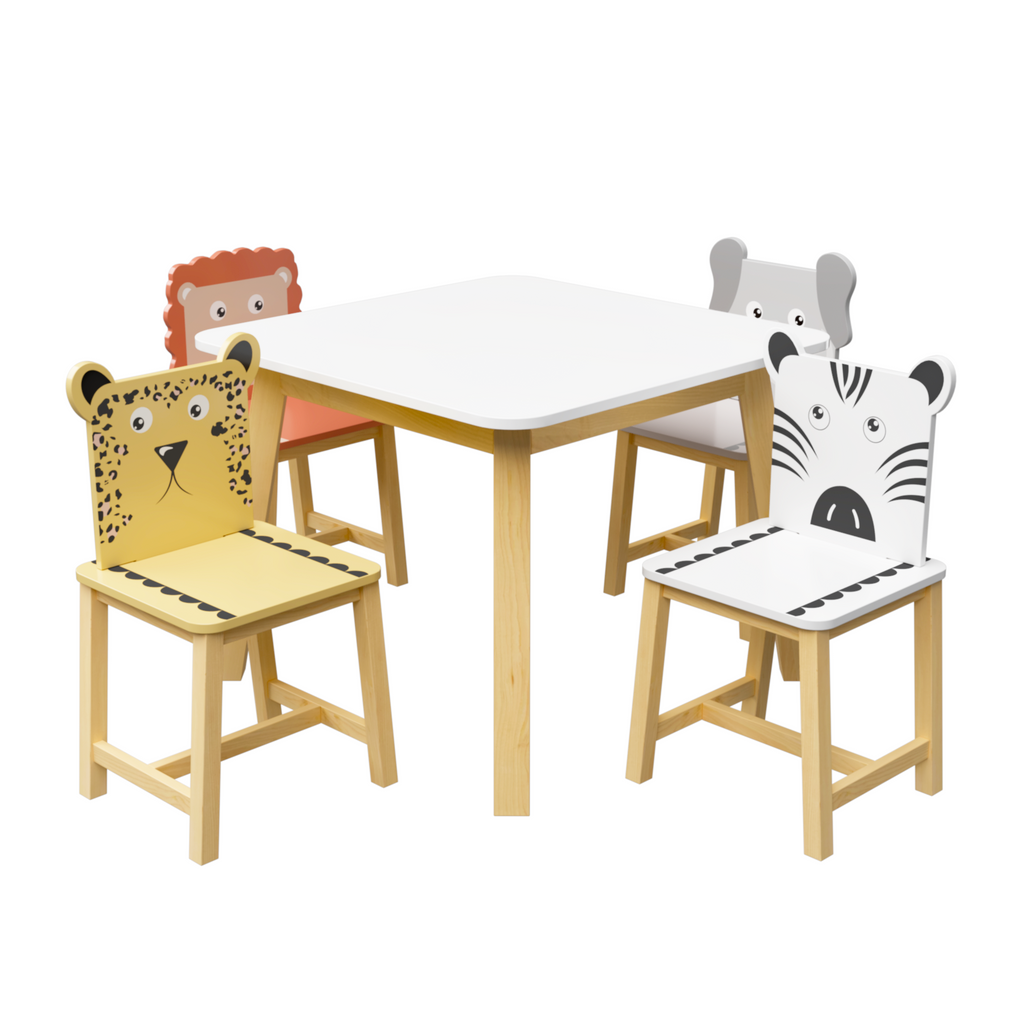 Kids Wood Table and Chair Set with Cartoon Animals Design, White Solid Wood & MDF Furniture for Ages 3-8, 5-Piece Table and C