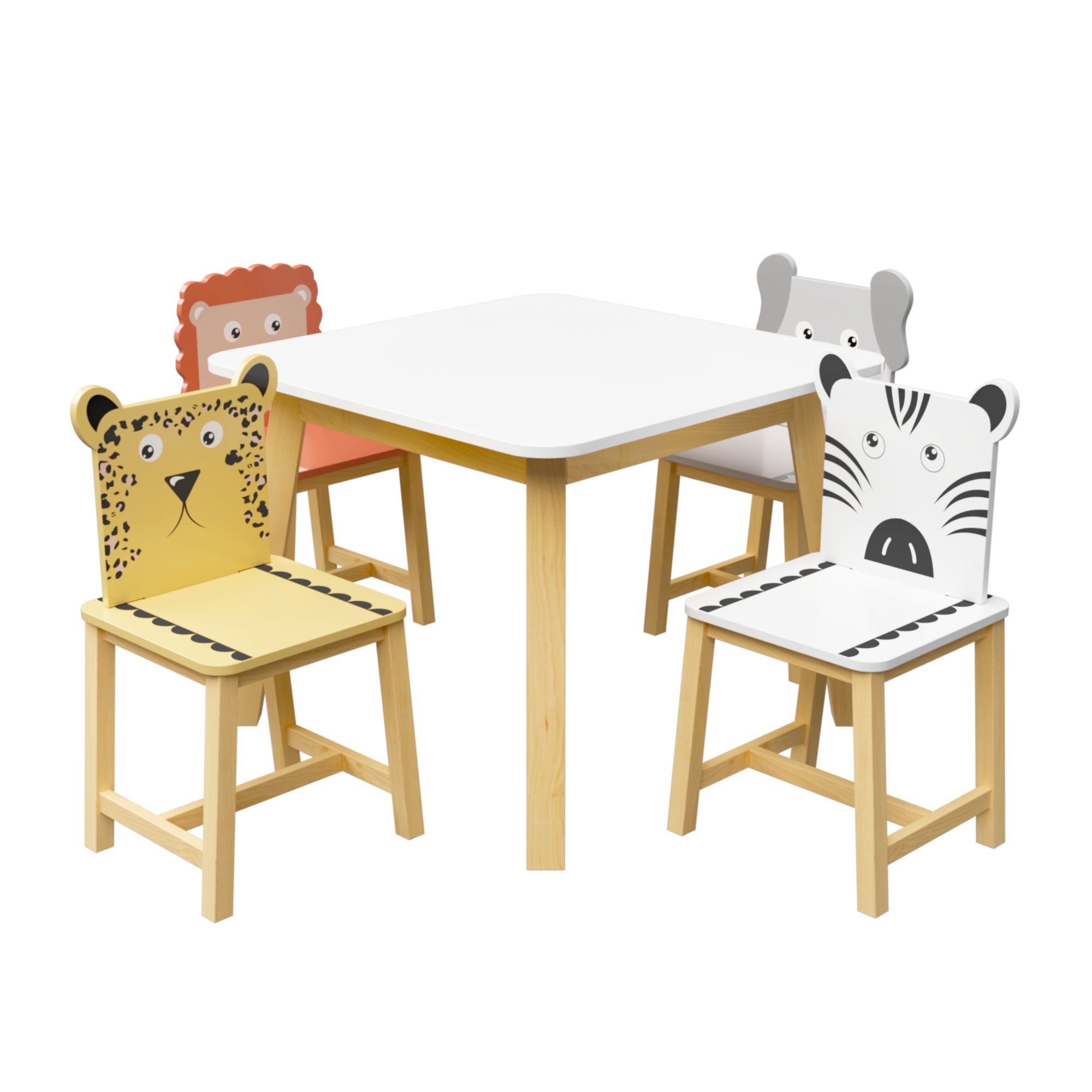 Kids Wood Table and Chair Set with Cartoon Animals Design, White Solid Wood & MDF Furniture for Ages 3-8, 5-Piece Table and C