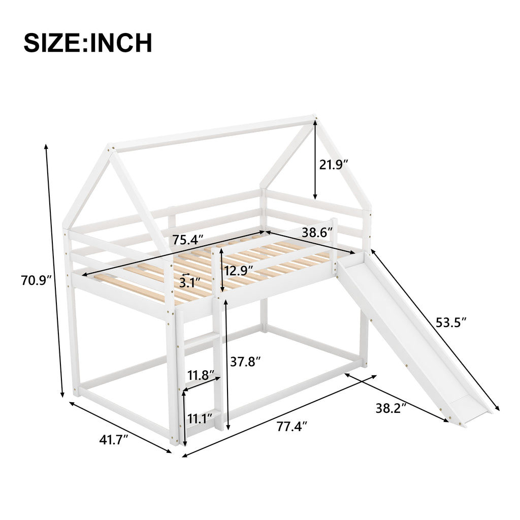 Twin Bunk House Bed with Slide and Ladder, White - Grand Goldman Shop