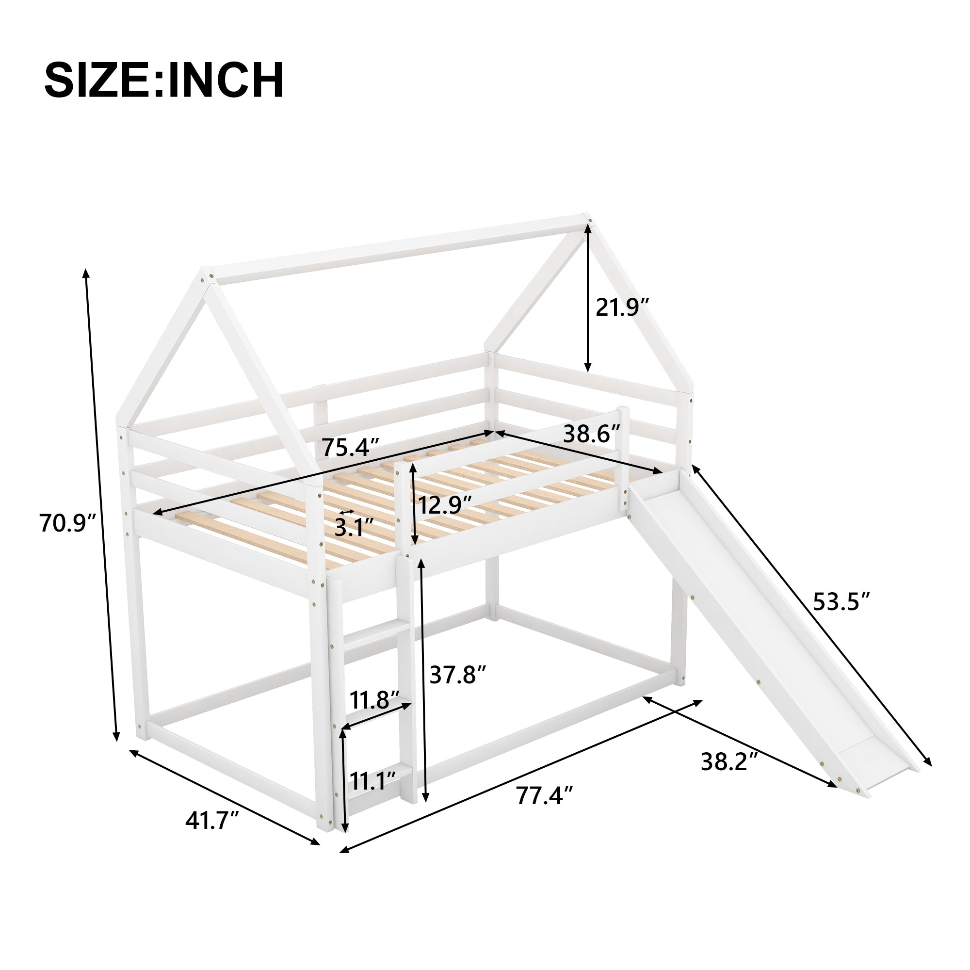 Twin Bunk House Bed with Slide and Ladder, White - Grand Goldman Shop