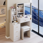 29.2' Small Size Left Bedside Cabinet Vanity Table + Cushioned Stool, 2 AC+2 USB Power Station, Hair dryer bracket, Extra Large Touch Control Sliding LED Mirror, Tri-color Switching, Brightness Adjust - Grand Goldman Shop